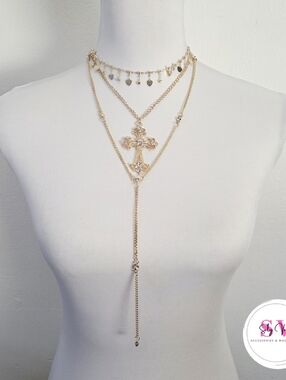 Multi Layer Gold Tone Necklace With Cross Pendant